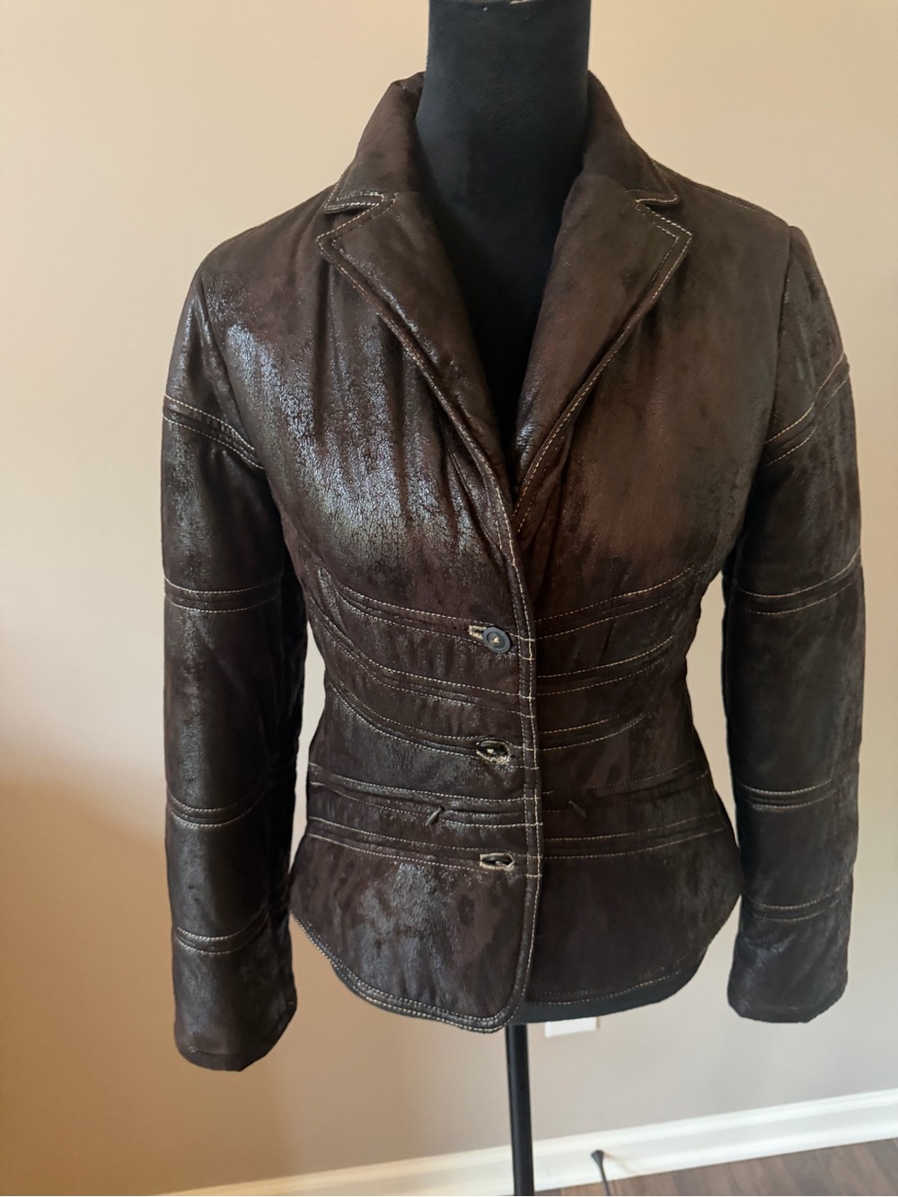 indies French Dark Brown Shimmer Button-Front Jacket Pockets Size 2